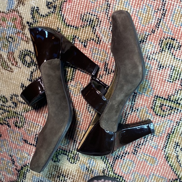 Womens FRANCO SARTO Thick heeled PUMPS W/ Buckle Strap Brown Suede & Patent!👠❤️ - Picture 10 of 10
